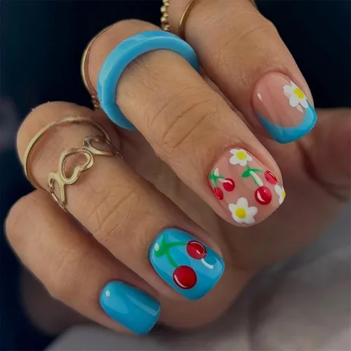 Vista 7 de Lindas uñas a presión de tamaño mediano - Uñas falsas cuadradas con punta francesa, uñas acrílicas rojas de cobertura completa brillantes