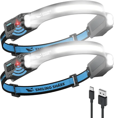 Vista 8 de Smiling Shark TD-0123-S - Linterna frontal ultrabrillante de 2400 mAh, recargable con sensor de movimiento manos libres, lámpara de cabeza LED