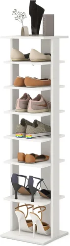 Vista 12 de COSTWAY Zapatero vertical de 8 niveles, organizador de almacenamiento de zapatos alto y estrecho con estante extraíble para botas, kit antivuelcos