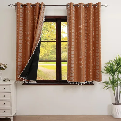 Vista 18 de Cortinas Boho ColorBird Beige Crema opacas, 2 paneles de 63 pulgadas de largo, tratamiento para ventanas con aislamiento térmico, estampado