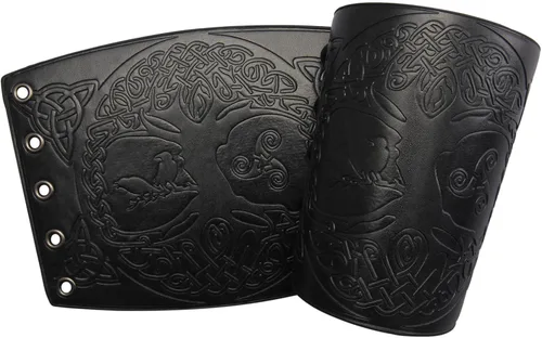Vista 2 de Bjesinmo Brazaletes de cuero, brazaletes medievales, muñequeras vikingas, muñequeras de cuero para hombre, 2