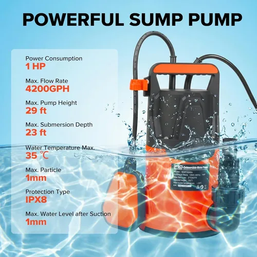 Vista 4 de Prostormer Bomba de agua limpia sumergible 1HP 3700GPH con elevación de 31 pies Bomba de agua con interruptor de flotador automático, impermeable