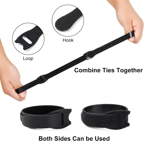 Vista 3 de OneLeaf Bridas de cables reutilizables, correas de gestión de cables negros