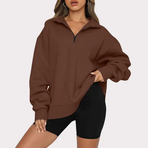 Vista 2 de Blusas de verano para mujer, casual, con cremallera de 14, sudadera de manga larga con cuello de sudadera de color sólido para correr