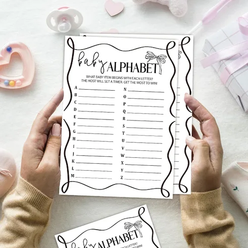 Vista 4 de Juegos del alfabeto del bebé, tarjetas divertidas de juegos de baby shower, 25 tarjetas de género neutro, kit de suministros para fiesta