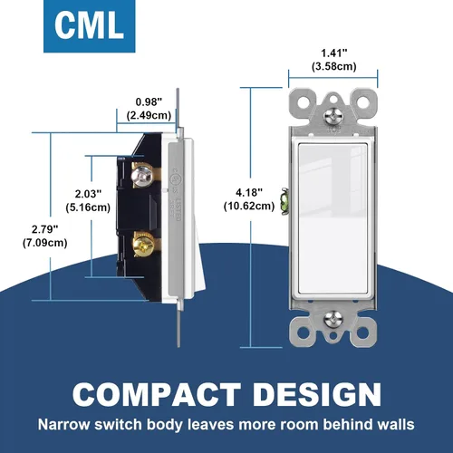 Vista 5 de CML interruptor de luz de pared basculante, de 3 vías, decorativo, acabado brillante, unipolar o de 3 vías, 15 A 120/277 V, garantía de 3 años