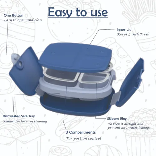 Vista 4 de BUBBLOO - Lonchera Bento para niños con cubiertos, 3 compartimentos ideales para porciones, bandeja de plástico extraíble sin bisfenol A, lonchera a