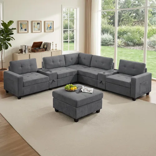 Vista 48 de Sofá modular de 103 pulgadas con 2 consolas acrílicas, juego de sofá en forma de U de gran tamaño con cargador USB, cajones de almacenamiento, Beige