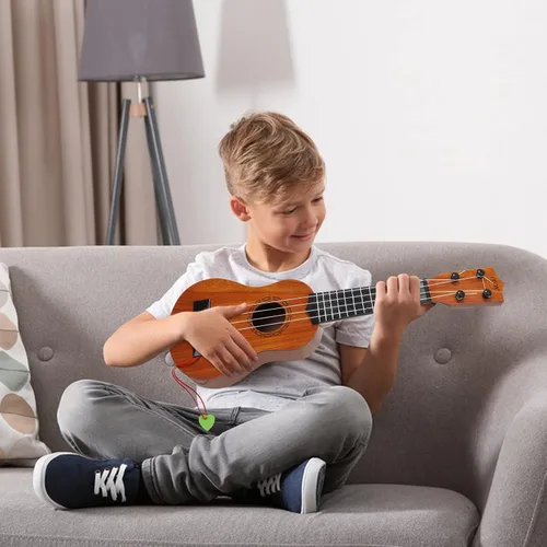 Vista 9 de Raimy Guitarra ukelele de 17 pulgadas para niños, 4 cuerdas, mini guitarra para niños, instrumentos musicales, juguetes educativos con púas
