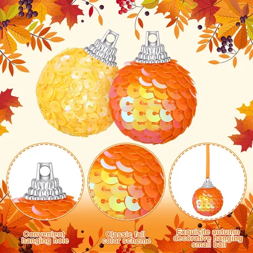 Vista 3 de Sotiff 24 piezas de adornos de mini árbol de calabaza, adornos de Navidad colgantes de Navidad, bolas de espuma con purpurina, envueltas en tela
