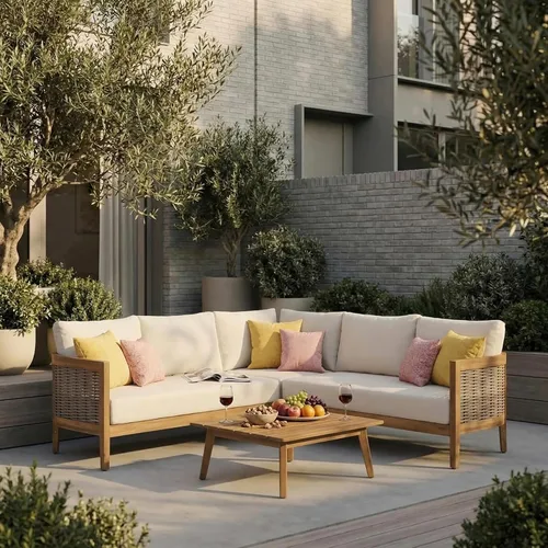 Vista 10 de Merax - Mesa de café redonda de madera de acacia para patio al aire libre, para jardín, balcón, acabado gris