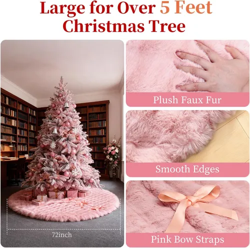 Vista 4 de Falda de árbol de Navidad de 72 pulgadas, decoración de árbol de Navidad rosa para interiores, cuello de árbol de lentejuelas, alfombra de felpa