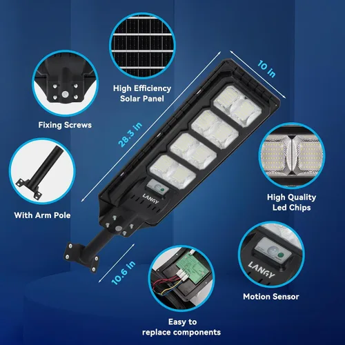 Vista 7 de LANGY 2PACK Luces solares de calle para exteriores 200000 lúmenes con control remoto, sensor de movimiento de atardecer a amanecer, lámpara solar