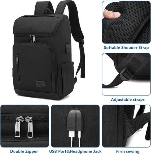 Vista 4 de YALUNDISI - Mochila vintage con puerto de carga USB para mujeres y hombres para laptop y viajes, Negro, 15,6 pulg.