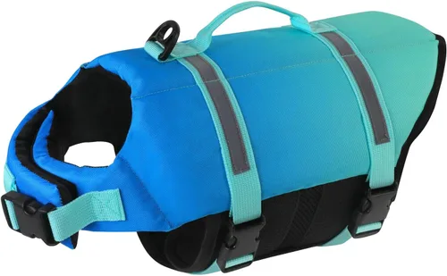 Vista 25 de Doglay Chaleco salvavidas para perros con asa de rescate, chaleco salvavidas para perros para nadar en barco, chaleco de natación reflectante Azul