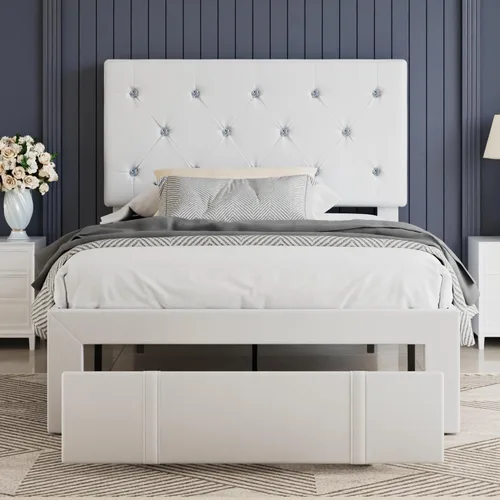 Vista 18 de VECELO Base de cama tamaño individual con plataforma tapizada con cabecera ajustable de botones de diamante, soporte de listones de madera,