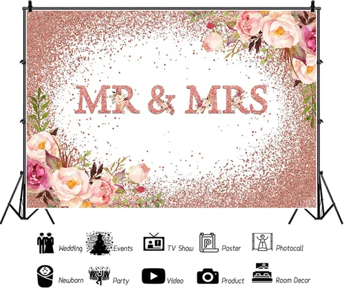 Vista 2 de Telón de fondo de boda de 5 x 3 pies con texto en inglés "Mr and Mrs Bridal Shower Fotografía", flores de oro rosa rosa con flores de novia