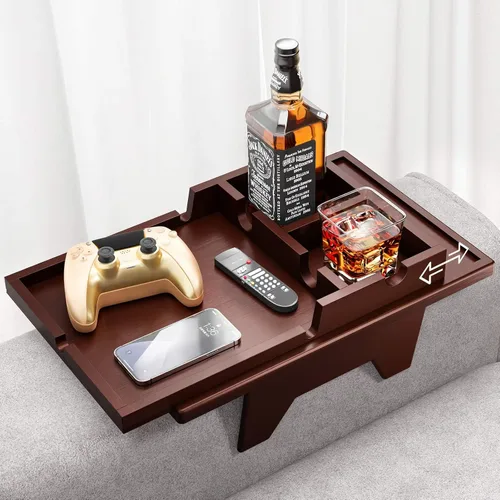 Vista 10 de Bestjing Bandeja de bambú para portavasos de sofá – 2 en 1 con soporte doble desmontable Be Slide-Away – Sofá sillón Caddy para beber aperitivos