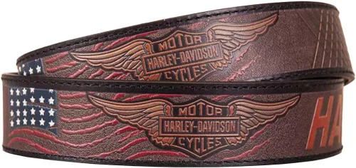 Vista 2 de Harley-Davidson - Cinturón de piel marrón con bandera americana, color níquel envejecido