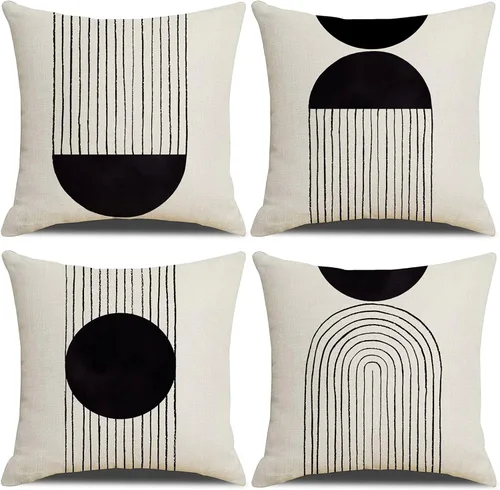 Vista 11 de IcosaMro Juego de 4 fundas de almohada bohemias de 18 x 18 pulgadas, color blanco y negro de mediados de siglo, diseño geométrico moderno de lino