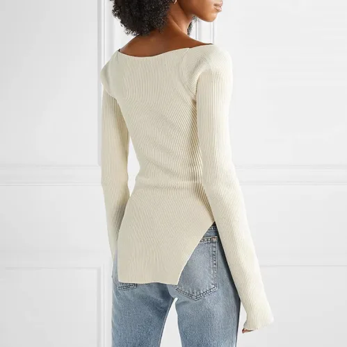 Vista 3 de Suéter de punto acanalado con cuello cuadrado para mujer, manga larga, ajustado, ajustado