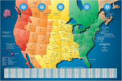 Vista 8 de Mapa de códigos de área de zona horaria de Norteamérica, laminado brillante a todo color, incluye búsqueda inversa