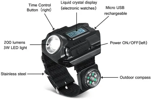 Vista 5 de Brújula de la antorcha LED táctico LED recargable al aire libre deporte reloj de pulsera