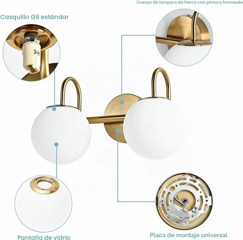 Vista 4 de Luminarias Modernas de Tocador de Baño 2 Luces Latón Cepillado Pantalla de Vidrio Globo Blanco Leche Aplique de Pared Moderno Tipo Barra Iluminación