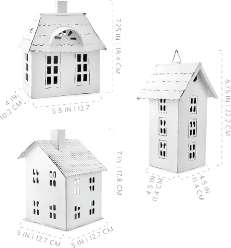 Vista 6 de AuldHome Design Casas de lata decorativas de granja (juego de 3, blanco); linterna de vela decorativa para vacaciones, aldea de Navidad o soporte