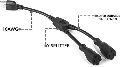 Vista 3 de ClearMax Cable de extensión divisor Y de 3 clavijas, divisor de cable de alimentación 16 AWG, extensor de salida de cable aprobado por UL, 1 pie