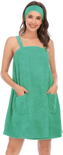 Vista 102 de Veseacky Toalla de baño para mujer con bolsillo, bata de spa ajustable y diadema facial