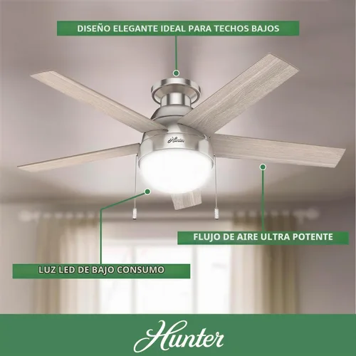 Vista 2 de Hunter Anslee, Ventilador de techo, para interiores, con luz LED, 46 Acabado cepillo níquel (Brushed Nickel Finish)