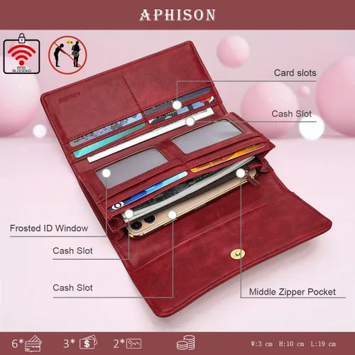 Vista 2 de Aphison - Cartera larga de cuero suave RFID para mujer, con caja de regalo
