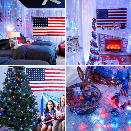 Vista 8 de JMEXSUSS Luces rojas blancas y azules con cable transparente, 66 pies, 200 luces LED para decoración del 4 de julio, luz de Navidad para celebración