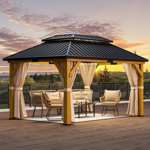 Vista 10 de YITAHOME Cenador de techo duro de 10x10 pies con redes y cortinas, acero galvanizado de doble techo resistente combinado con techo de rayas Gris