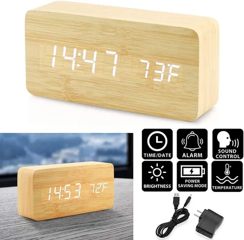 Vista 2 de OCT17 Reloj despertador digital de madera, reloj despertador LED multifunción de madera con fuente de alimentación USB, control de voz, Bambú