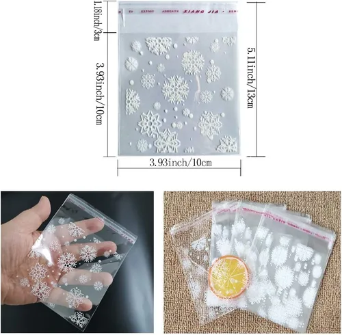 Vista 2 de Baryuefull - 200 bolsas de celofán de copo de nieve blancas transparentes autoadhesivas de 4 x 5 pulgadas, bolsas de plástico de Navidad