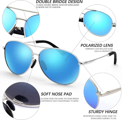 Vista 2 de VIYSIOO Gafas de sol de aviador para hombres y mujeres, gafas de sol polarizadas clásicas para hombres y mujeres, estilo retro moderno, protección