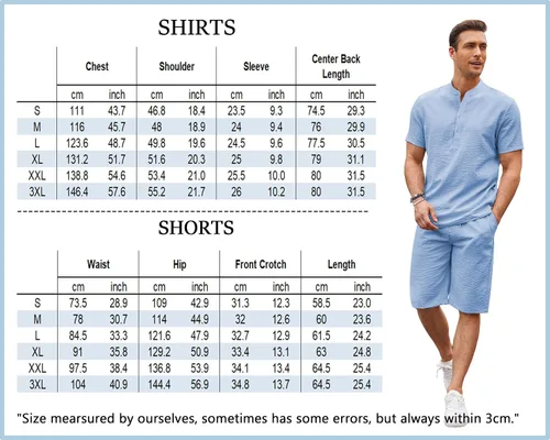 Vista 6 de COOFANDY Conjunto de 2 piezas de lino para hombre, camisas Henley casuales de manga corta, pantalones cortos de yoga para playa, pantalones cortos