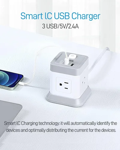 Vista 4 de FDTEK - Tira de alimentación USB C de 2 clavijas, 4 tomas de corriente, 3 USB, cable de extensión de 5 pies, color blanco 2 Prong Desktop Charging