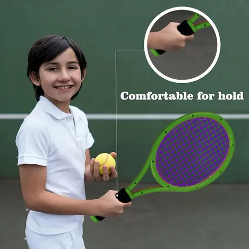 Vista 3 de Raqueta de tenis para niños con bolsa, raqueta de plástico incluye 2 bolas de espuma, 2 pelotas de tenis, 4 bádminton para niños, juegos deportivos