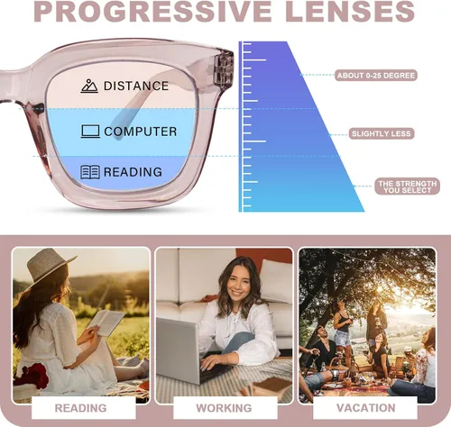 Vista 2 de Anteojos de lectura multifocales progresivos para mujer, para lectura de computadora con luz azul cuadrada de gran tamaño con bisagra de resorte