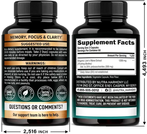 Vista 2 de Cápsulas de suplemento de melena de león - Melena de león orgánica - Fabricado en EE.UU. - Extracto de cuerpos fructíferos - 1200 mg, 25%