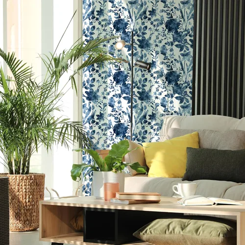 Vista 2 de Papel tapiz vintage azul floral para despegar y pegar, papel de contacto de hojas de ramas, impermeable, extraíble, fácil de despegar, 17.71 x 118.1