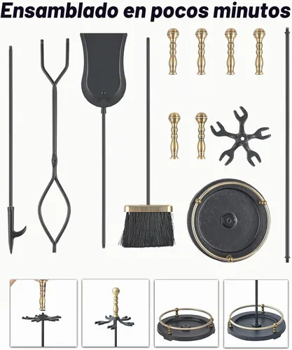 Vista 7 de Lichamp Juego de Herramientas para Chimenea, 5 Piezas para Interiores y Exteriores, Juego Resistente de Atizadores para Chimenea con Mango Dorado