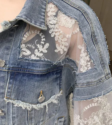 Vista 5 de ebossy Chaqueta de mezclilla para mujer, con bordado floral, con encaje, rasgada, desgastada