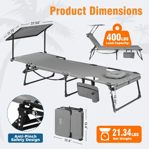 Vista 2 de Silla de bronceado con orificio facial y toldo, tumbona de playa plegable y gris (Light Grey 1)