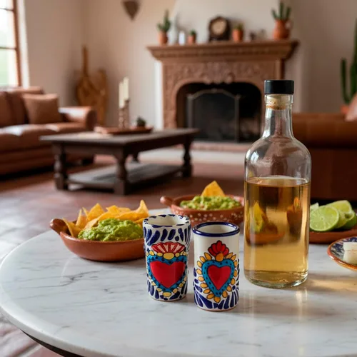 Vista 7 de Juego de 4 vasos de chupito Talavera auténticos mexicanos para tequila - Pintados a mano - 2 Oz (Corazón Azul)