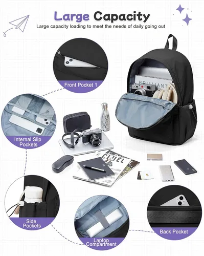 Vista 4 de Mochila negra para la escuela, mochila de escuela secundaria para adolescentes, niñas y niños, mochila universitaria ligera para mujeres y hombres