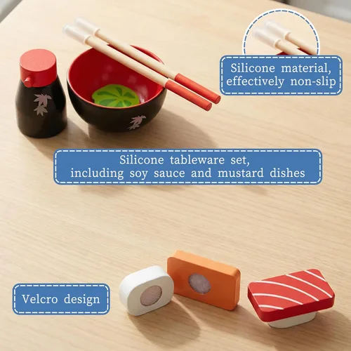 Vista 3 de Juego de comida para cortar sushi, juguetes de cocina de madera para niños de 3 años en adelante, juguete de aprendizaje de sushi para niñas y niños